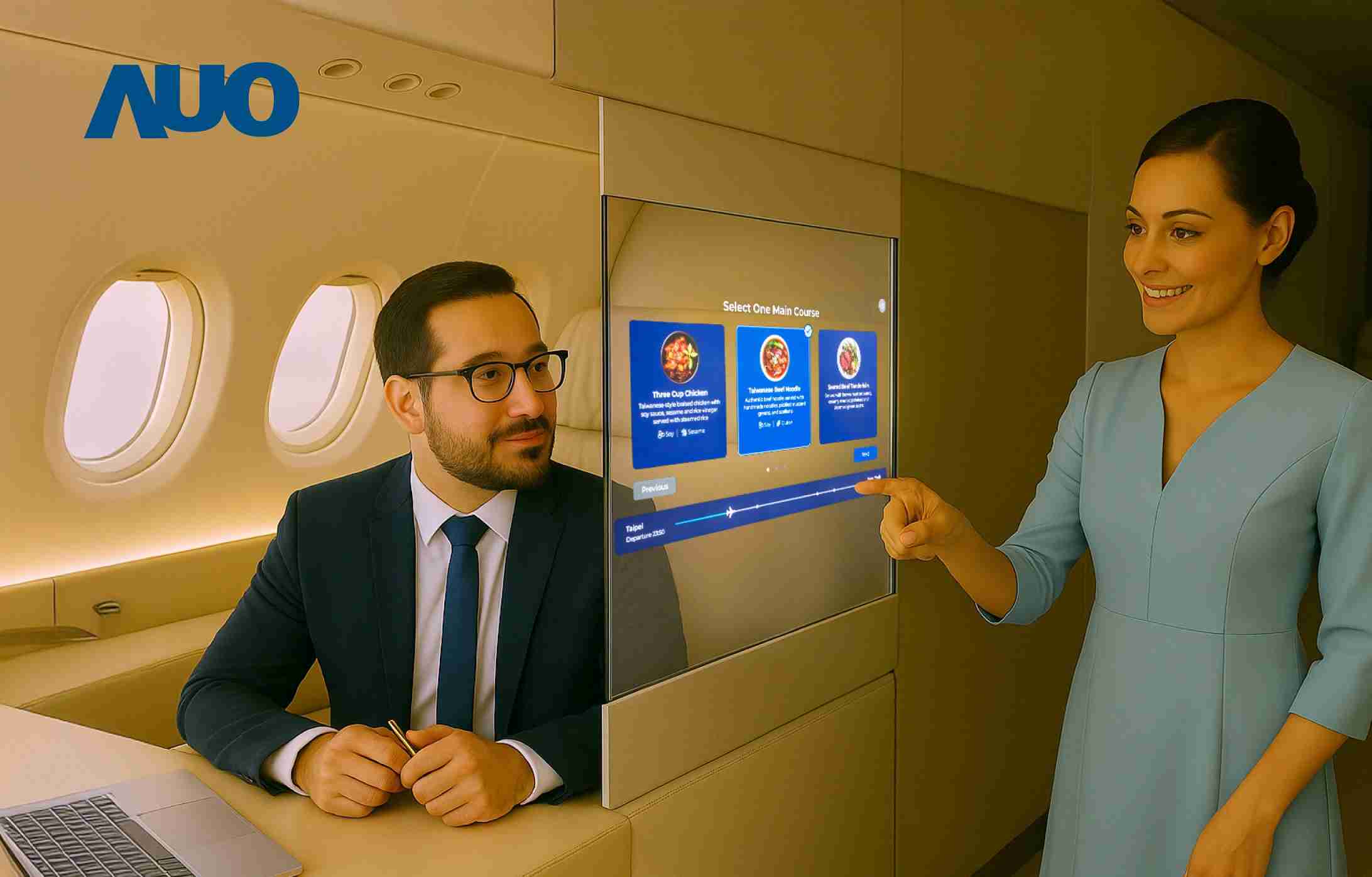 尊龙集团研发全球最薄17.3 吋双面透明 Micro LED 显示器，，，，可在同一屏幕之双边投射不同信息，，创造独特的”透明化”互动；图为实时翻译交流应用情境